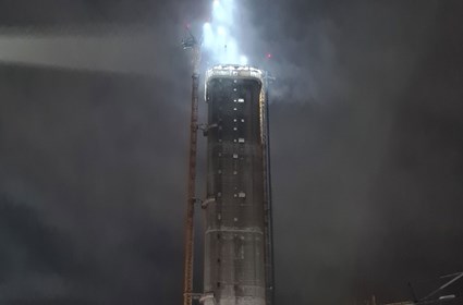 The work has been going on around the clock for three months. One concrete truck per hour has delivered material to the tower.